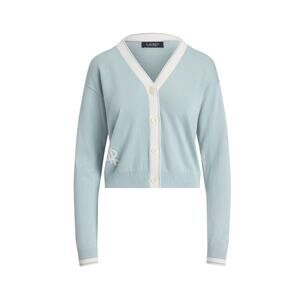 Black Label Ralph Lauren Blue Cream Cropped V Neck Cardigan Sweater Women Large